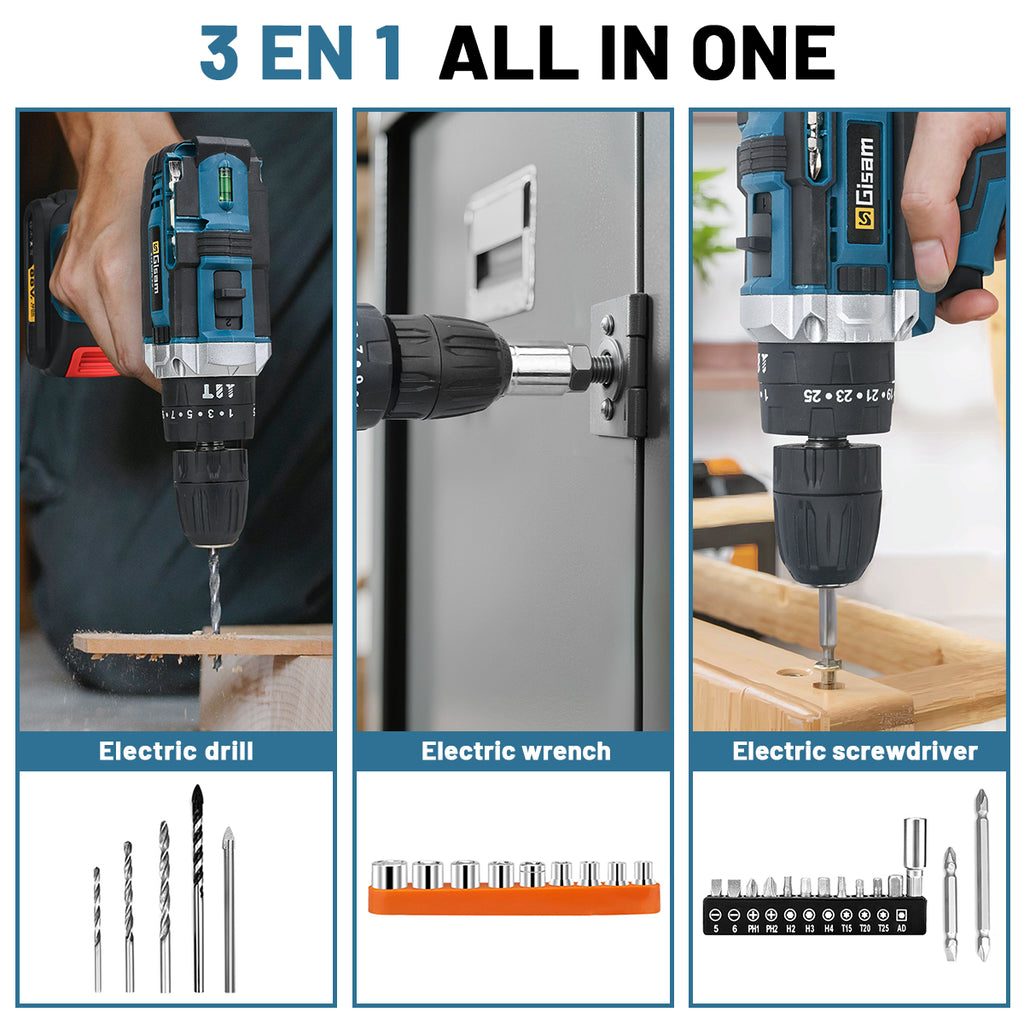 GISAM Perceuse-visseuse à percussion sans fil 25+3 réglages de couple 2 vitesses batterie lithium-ion outils électroportatifs