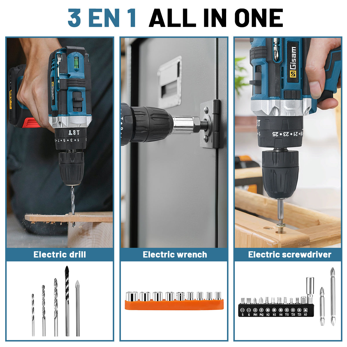 GISAM Perceuse-visseuse à percussion sans fil 25+3 réglages de couple 2 vitesses batterie lithium-ion outils électroportatifs