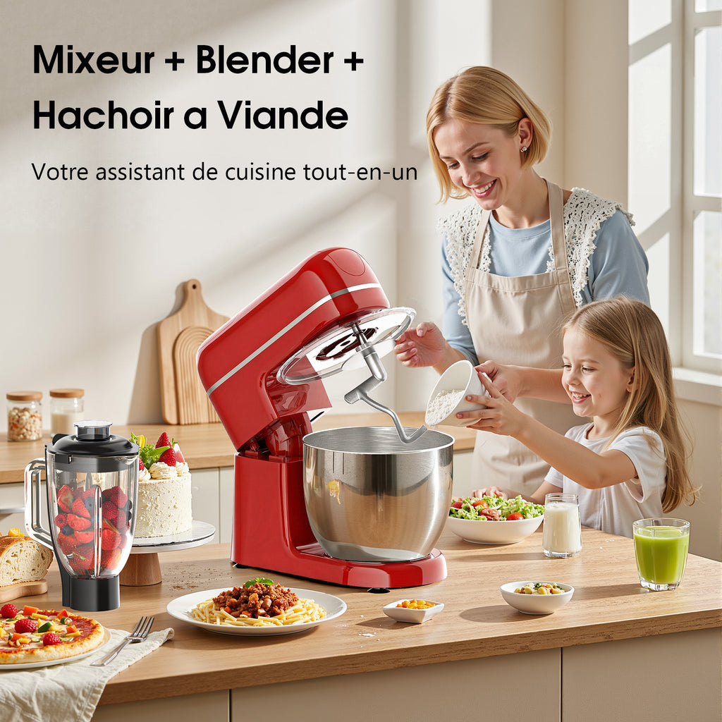HONINST Robot pâtissier multifonction 7-en-1, 6,5 qt, 8 vitesses, tête inclinable, mixeur alimentaire électrique avec hachoir à viande, mixeur à jus, crochet pétrisseur, batteur