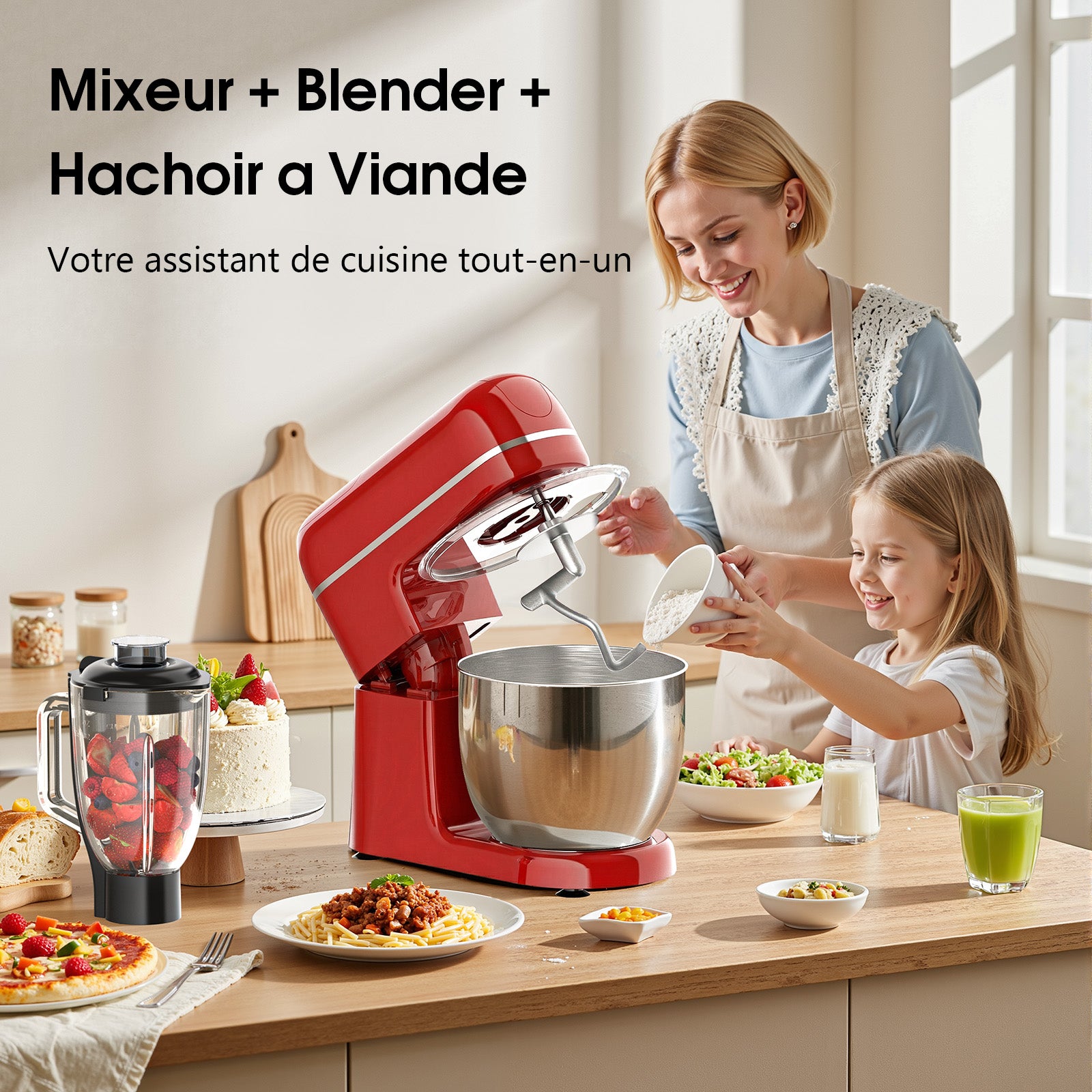 HONINST Robot pâtissier multifonction 7-en-1, 6,5 qt, 8 vitesses, tête inclinable, mixeur alimentaire électrique avec hachoir à viande, mixeur à jus, crochet pétrisseur, batteur