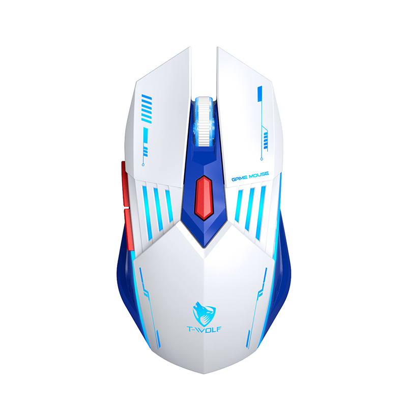 Rexsun Souris de jeu tri-mode Boutons 6D 2,4 GHz + Bluetooth + Filaire DPI réglable 800–3600 Recharge Type-C Éclairage RVB à effet respiration Batterie 300 mAh Blanc et bleu X7