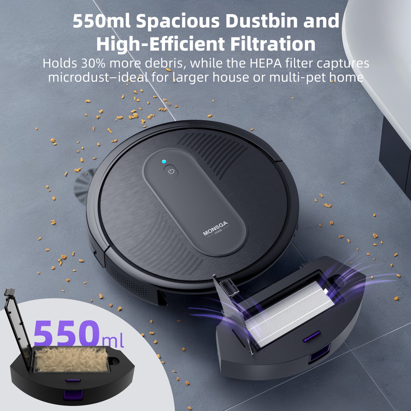 monsga MR1 Robot aspirateur laveur 4000 Pa, Ultra-fin 3,2", Autonomie 140 min, Filtre HEPA, Télécommande, Application et Commande vocale, Noir