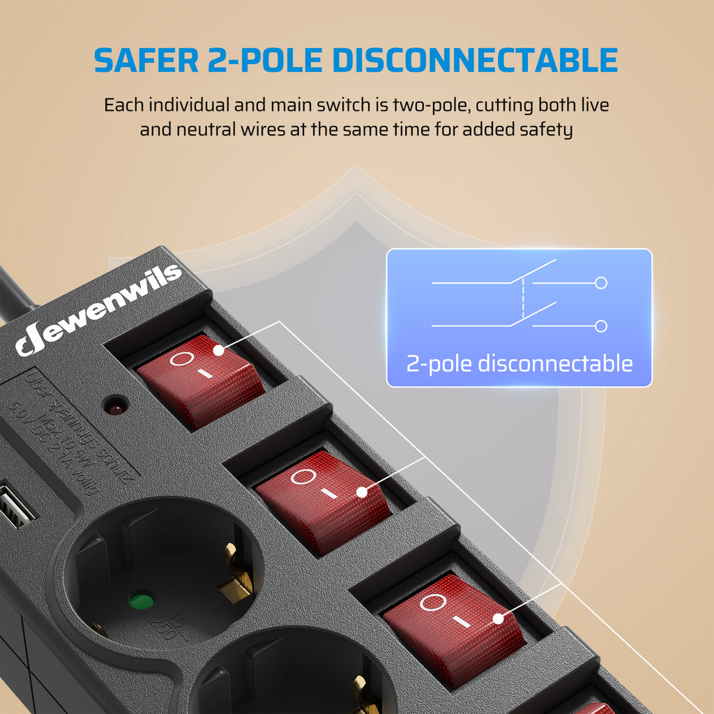 DEWENWILS Multiprise 6 prises avec USB, Interrupteurs individuels, Protection contre les surcharges, Sécurité enfant, Prises orientées à 90°, 5 m, Noir