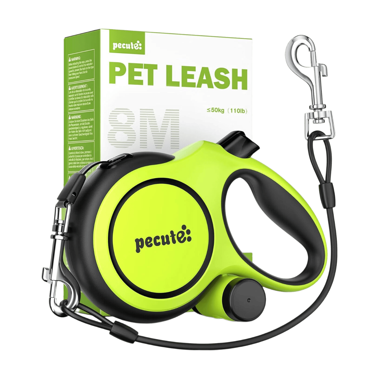 PECUTE Instant-Control Series Laisse de chien extensible 8 m avec corde en acier et distributeur de sacs à déjections canines - Vert