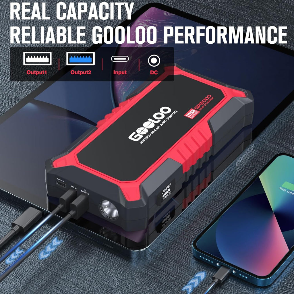 Démarreur de voiture GOOLOO GP2000 et batterie externe, 2000A, boosteur 12V extrêmement sûr, portable, pour moteurs à essence de 8,0L et à diesel de 6,0L