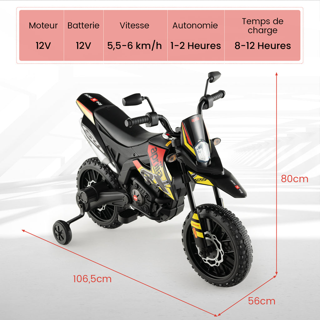 Moto électrique pour enfants 12 V avec roues d'apprentissage, modèle sous licence Aprilia, noir