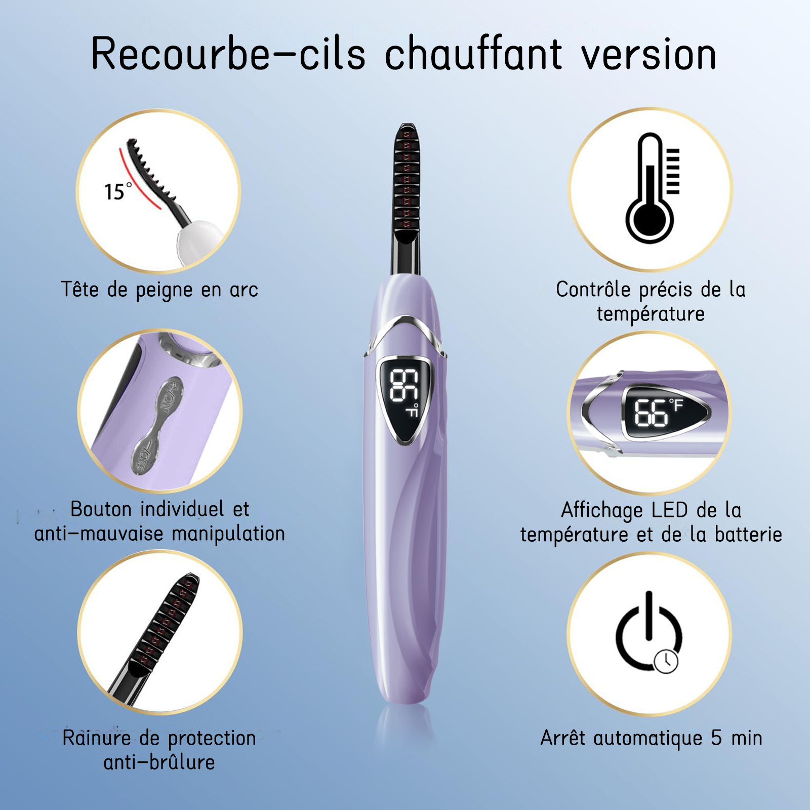SUNLUXY S600 Recourbe-cils électrique pour courbure naturelle longue tenue, avec affichage LED de la température et de la batterie, arrêt automatique de sécurité - Violet