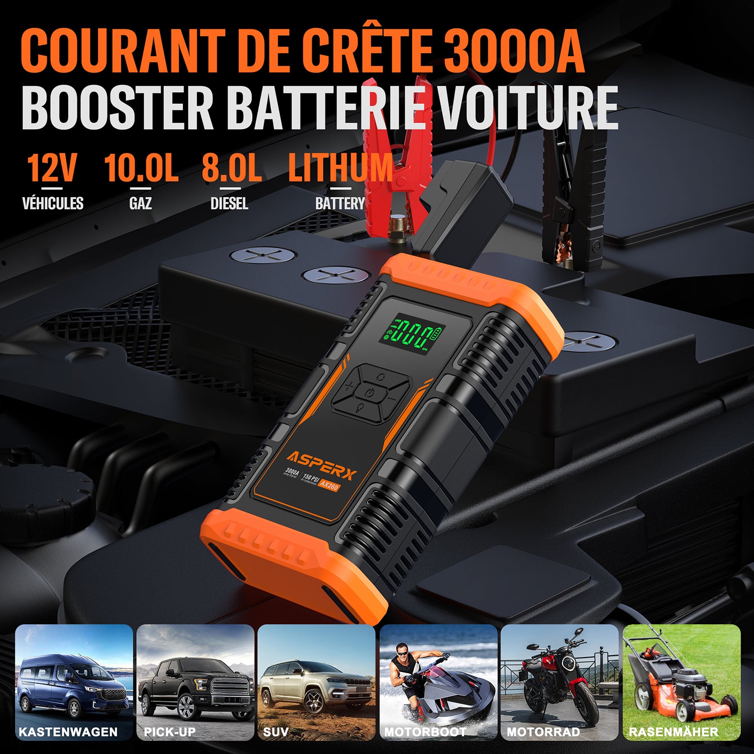 ASPERX Booster de Batterie avec Compresseur d’Air, Démarreur de Voiture 3000A 150PSI avec Lampe Torche LED et Câbles de Démarrage, pour Véhicules 12V, Motos et SUV (jusqu’à 10L Essence ou 8L Diesel)