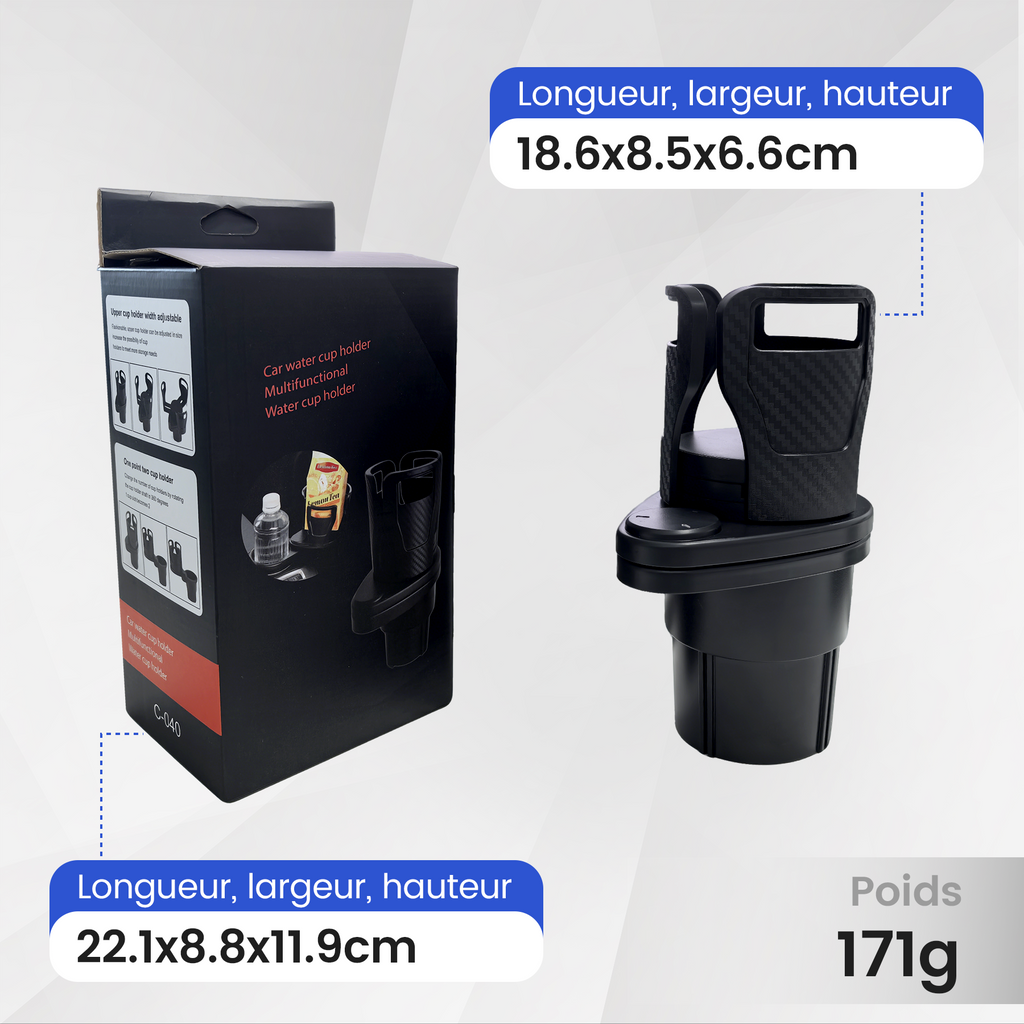 Porte-gobelet voiture 2-en-1, support de boisson pivotant à 360° avec base réglable, antidérapant et stable en ABS, adapté aux bouteilles, tasses à café et canettes, noir