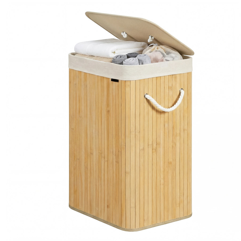 JOYFURNOS Panier à linge avec couvercle, panier de lavage pliable en bambou avec sac doublure amovible et cadre en bois solide, grande capacité de 72L, taille gain de place 40x30x61cm, idéal pour chambre, salle de bain, buanderie, dortoir, Naturel