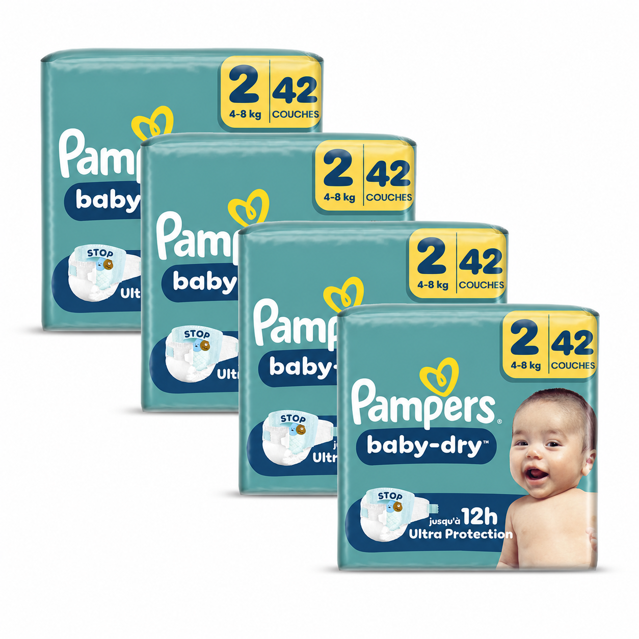 Pampers Baby-Dry, Taille 2, 168 Couches, 4-8kg, Une nuit jusqu'à 100% sans fuites avec la Poche Stop & Protect à l’arrière de la couche