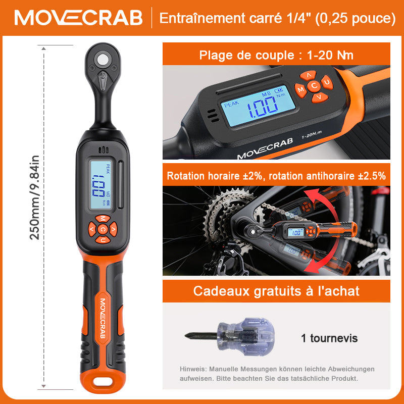 Clé dynamométrique numérique professionnelle Movecrab, entraînement 1/4", 1-20 N.m ±2 %, affichage LED haute précision avec triple alarme (Nm/in.lb/ft.lb/kg.cm), vibration