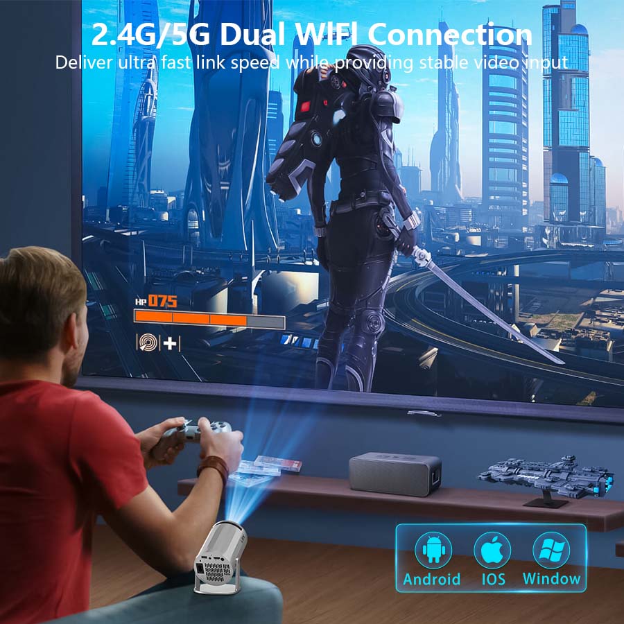 XBJ Projecteur portable argenté avec Wi-Fi 6 et Bluetooth 5,2, mini projecteur intelligent, HD 1080P (décodage 4K), système Android 11, correction trapézoïdale automatique + rotatif à 180°, 300 ANSI, écran 40-200 pouces pour chambre/intérieur/extérie