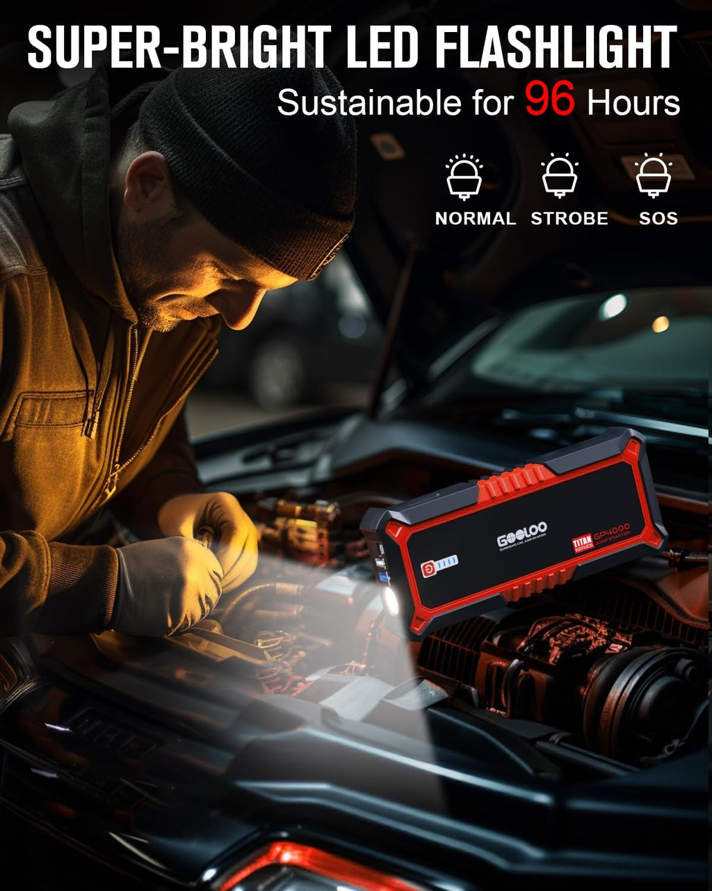 Démarreur de voiture GOOLOO GP4000 avec batterie externe, démarreur de secours de voiture 4000 A 12 V (tous les moteurs à essence et jusqu'à 10 L de diesel), démarreur de secours avec batterie externe extrêmement sûr avec LED, boosteur de batterie de