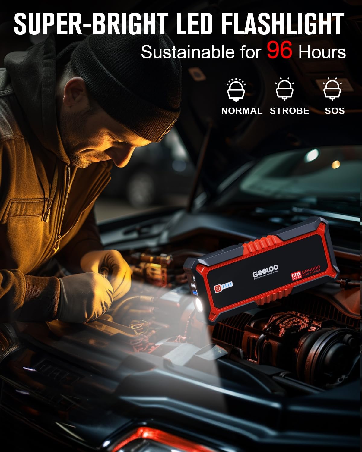 Démarreur de voiture GOOLOO GP4000 avec batterie externe, démarreur de secours de voiture 4000 A 12 V (tous les moteurs à essence et jusqu'à 10 L de diesel), démarreur de secours avec batterie externe extrêmement sûr avec LED, boosteur de batterie de