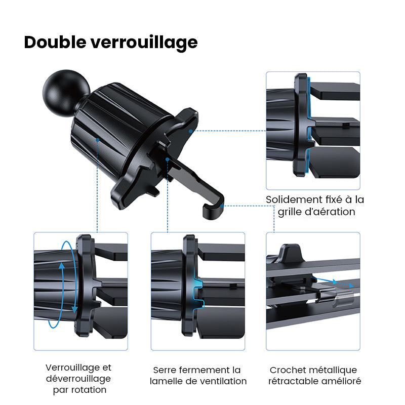 Support de téléphone de voiture à clip pour grille d'aération A2C, double verrouillage, anti-tremblement stable, opération à une main, serrage automatique, conception antidérapante