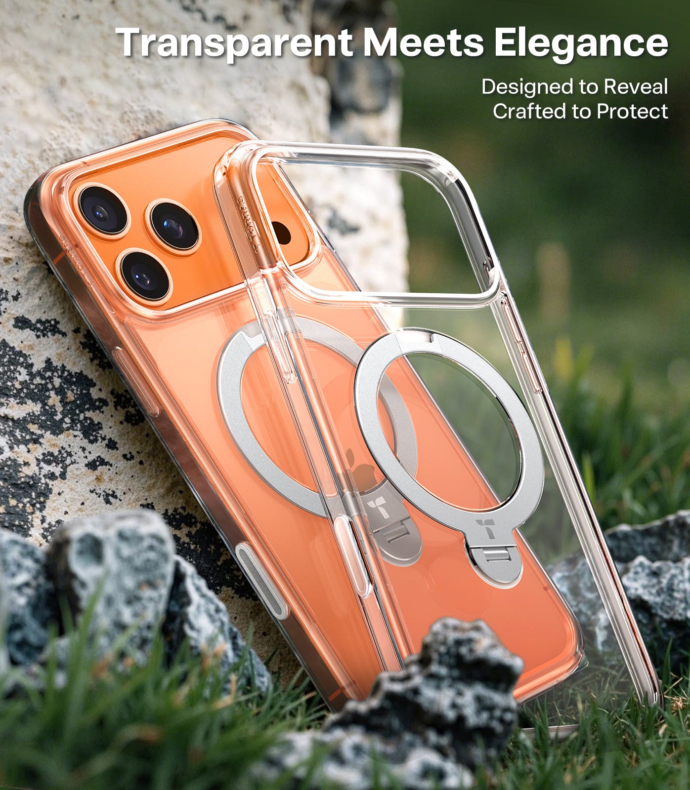 TORRAS Ostand Série Spin pour Coque iPhone 17 Pro Max Support Magnétique Rotatif à 360° Protection Militaire Finition Mate Antidérapante et Anti-traces de Doigts - Transparent