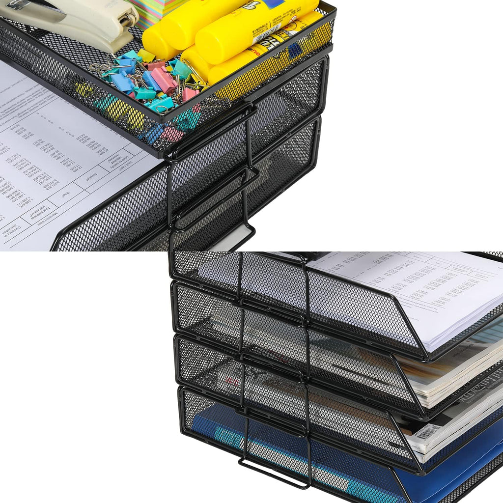 Senhoglb Bac à courrier A4 en maille à 4 niveaux empilable avec porte-documents supérieur, Noir