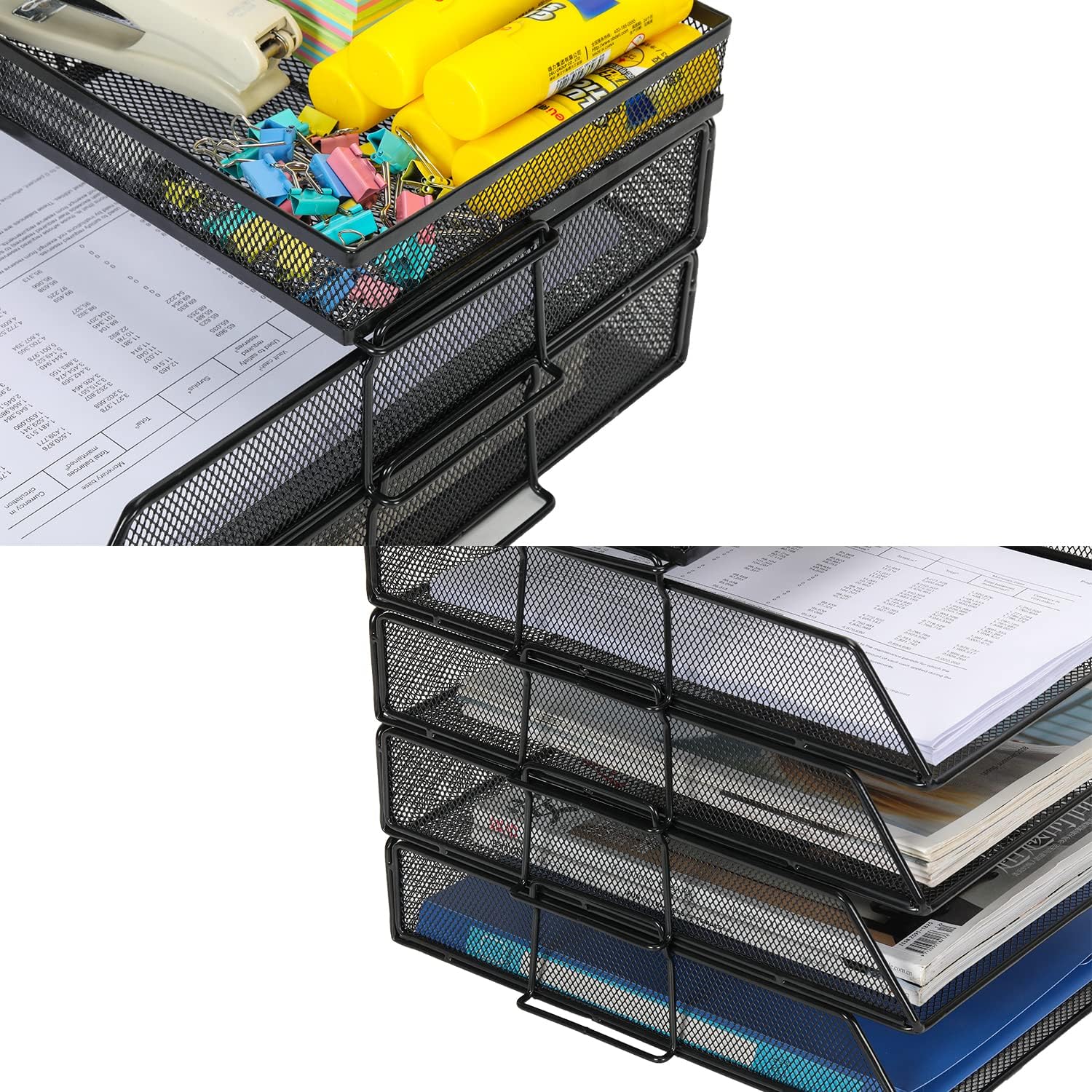 Senhoglb Bac à courrier A4 en maille à 4 niveaux empilable avec porte-documents supérieur, Noir