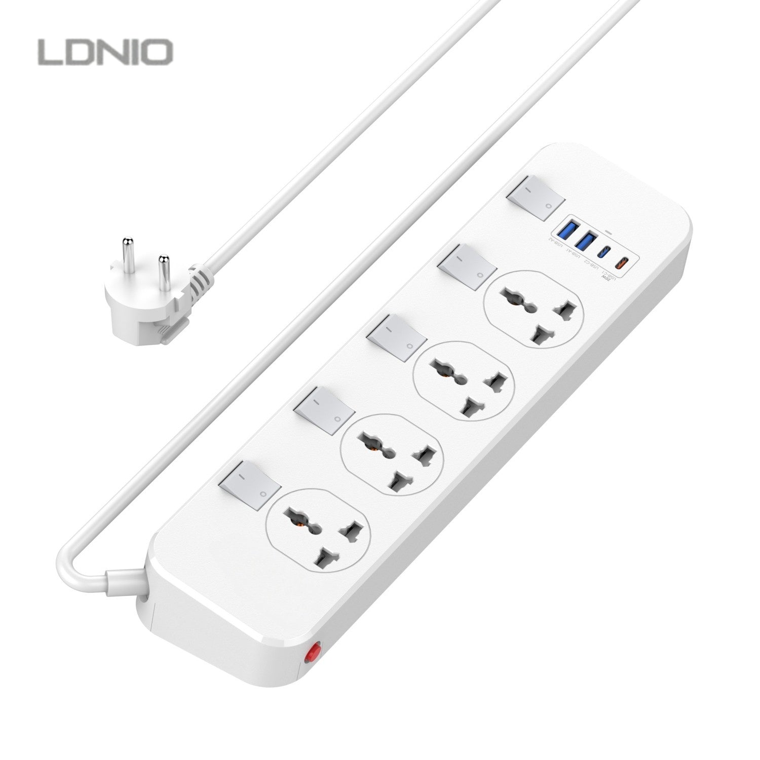 LDNIO Multiprise universelle avec interrupteur indépendant, 4 prises universelles, 2 x USB-A, 1 x Type-C, 1 x USB-C PD 20 W (5 V 3 A 20 W), 5 interrupteurs de sécurité indépendants