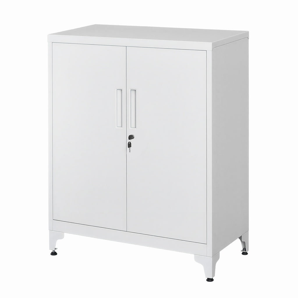JOYFURNOS Armoire de rangement en acier blanc mat verrouillable, 80 x 40 x 90 cm, 2 portes, ?tagères profondes, Usage polyvalent - Idéale pour garage, bureau, étude ou salon