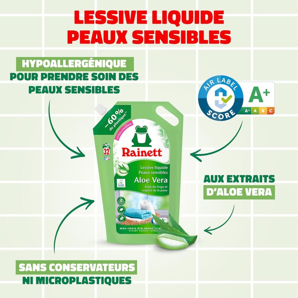 RAINETT Lessive liquide peaux sensibles écologique à l'aloe vera 32 lavages 1,6L