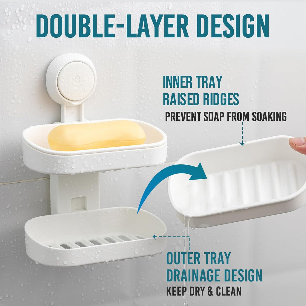 TAILI Porte-savon à ventouse double couche, support à éponge robuste pour douche, salle de bain, baignoire et évier de cuisine, sans perçage, amovible