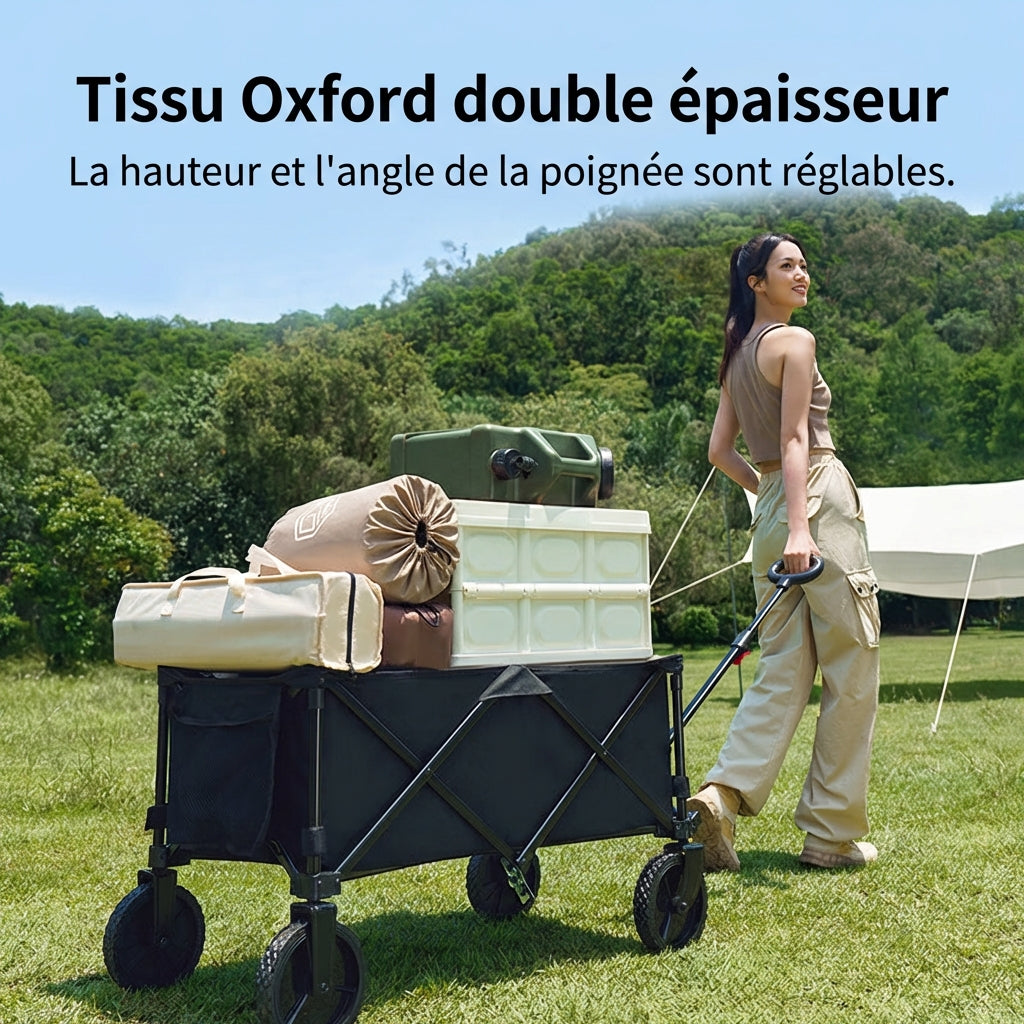 Ochama Chariot de camping pliable compact 127 L Jaune sable, Charge 200 kg, Capacité empilable 250 L, Roues pivotantes 360° à double frein, Rangement gain de place