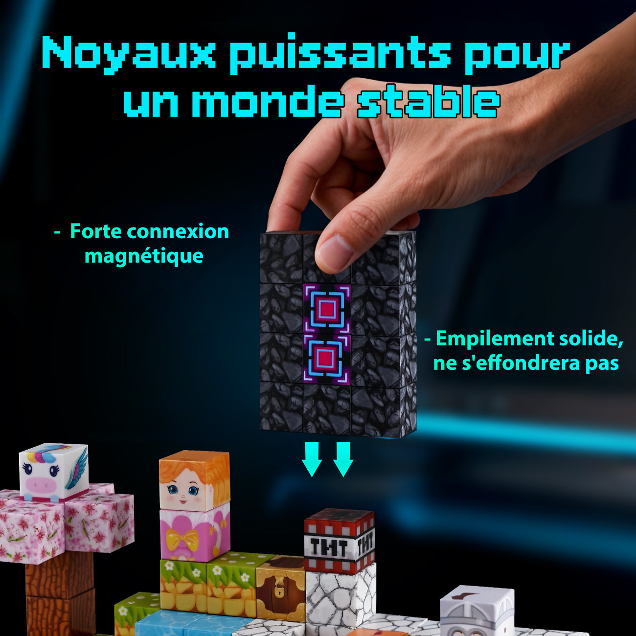 Tokky 100 pièces Blocs magnétiques Mine World Blocs de pixels Jouets d'éveil STEM Montessori Matériau ABS sûr magnétique puissant Blocs de construction d'aventure créatifs Emballage en