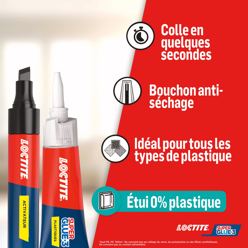 Henkel Loctite – Super Glue-3 Tous Plastiques (tube de 2 g + stylo activateur de 4 ml) – Colle forte transparente pour tous plastiques – Transparente à séchage immédiat
