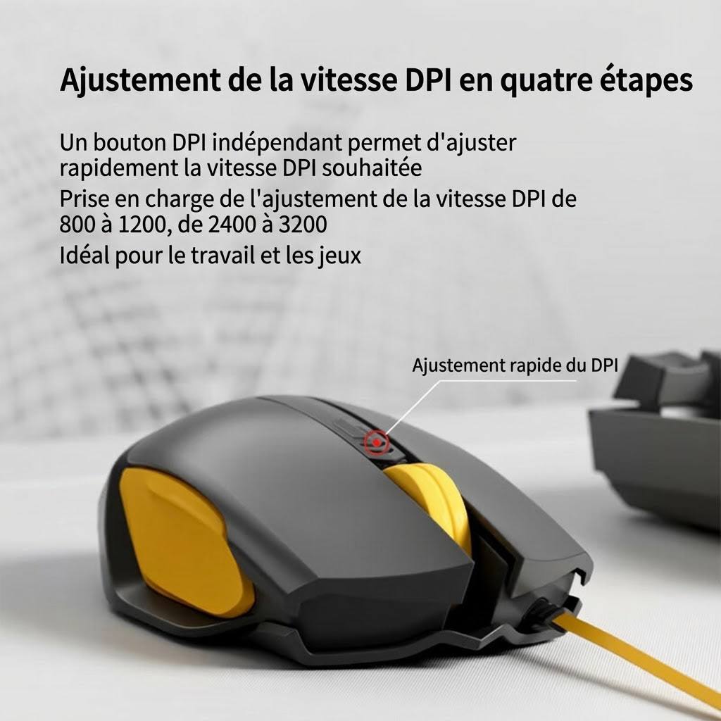 Ochama Souris filaire - Souris ergonomique, Capteur optique, Taux d’interrogation 1000 Hz, Matériau résistant à la transpiration, DPI 4 niveaux, Câble anti-enchevêtrement, Noir et jaune