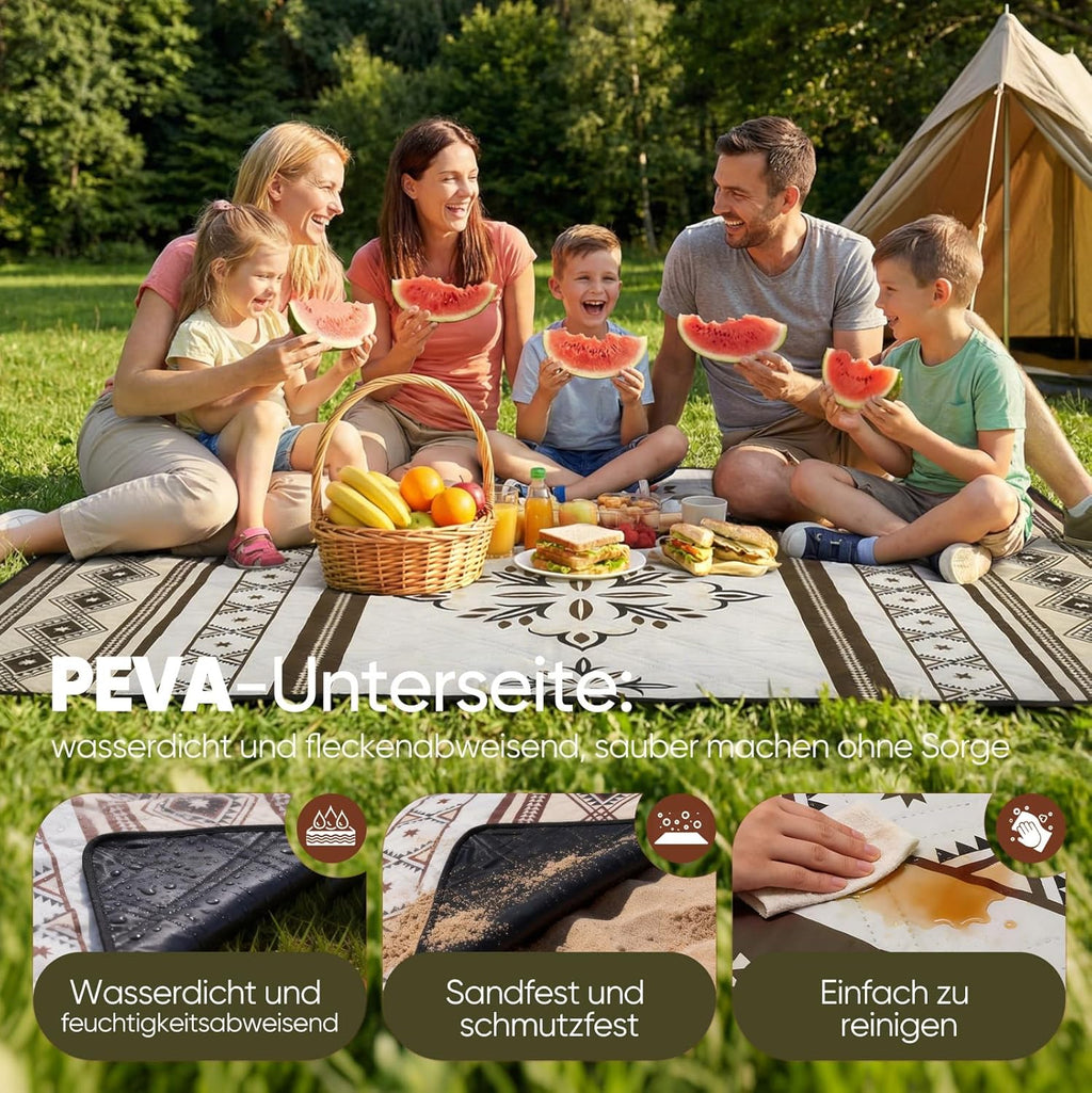Sekey Couverture de pique-nique imperméable 200 x 200 cm, couverture de plage anti-sable, rembourrée, structure à trois couches, dessous imperméable en PEVA