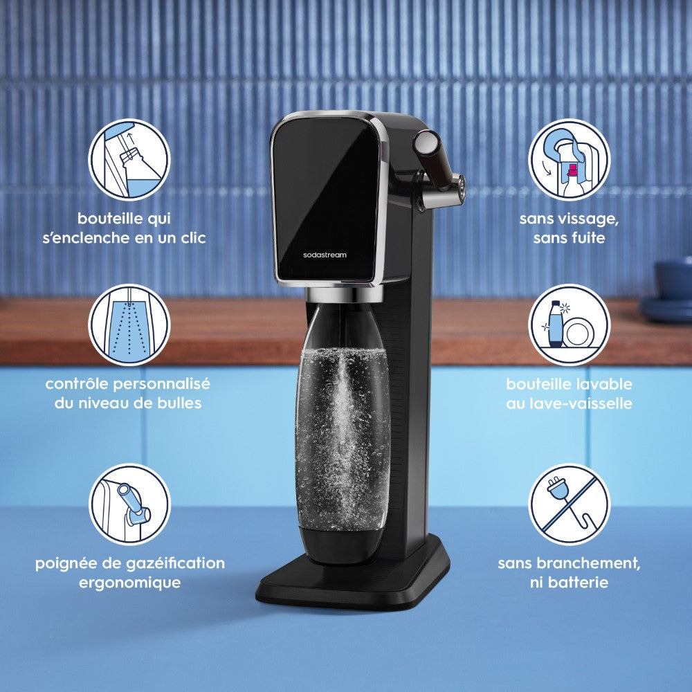 SodaStream ART Machine à eau pétillante et à sodas - 1 Bouteille 1 L - 1 Recharge Gaz 60 L - Noir