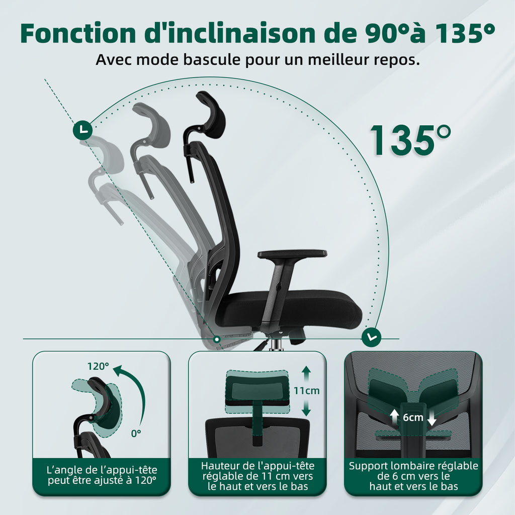 GTIMEX Fauteuil de bureau ergonomique avec soutien lombaire réglable, accoudoirs et appui-tête, fauteuil de bureau pivotant 150 kg, fonction bascule jusqu'à 135°