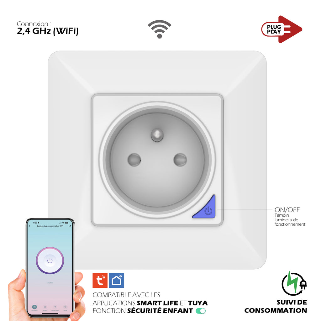 KYF Prise Wi-Fi encastrée intelligente d’intérieur avec compteur d’énergie