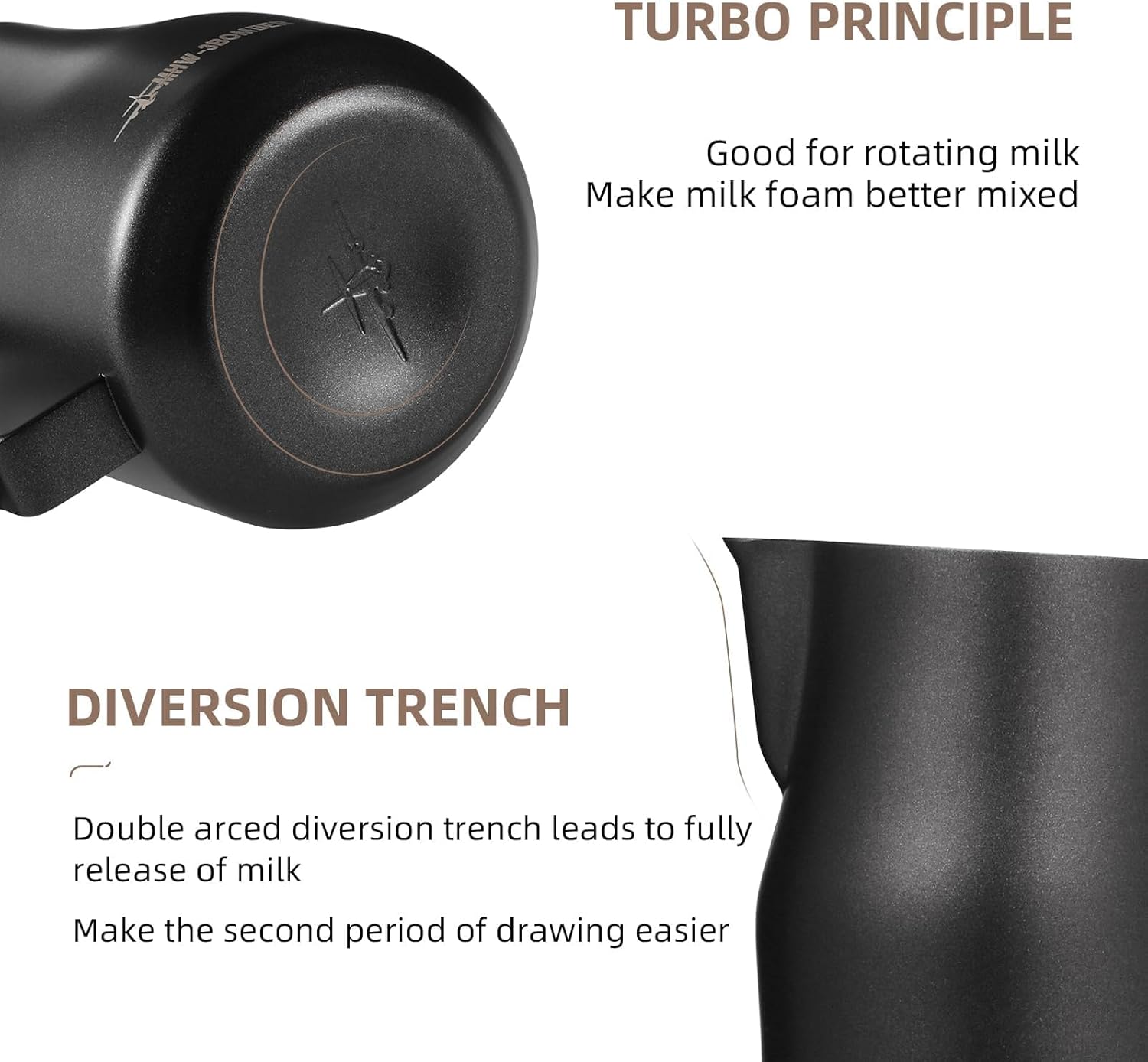 MHW-3BOMBER Pichet à lait 450 ml (15 oz) professionnel, pichet à lait en acier inoxydable de 15 oz pour espresso, mousse de cappuccino avec design de bec en bec de tortue