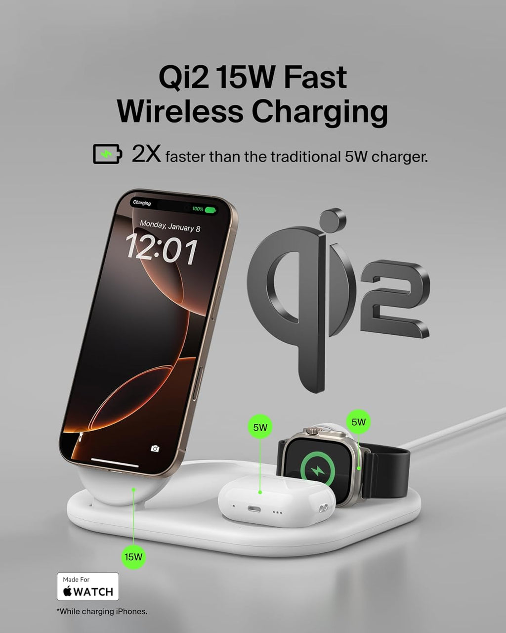 Belkin BOOST CHARGE Station de charge sans fil Qi2 3-en-1 15 W blanc