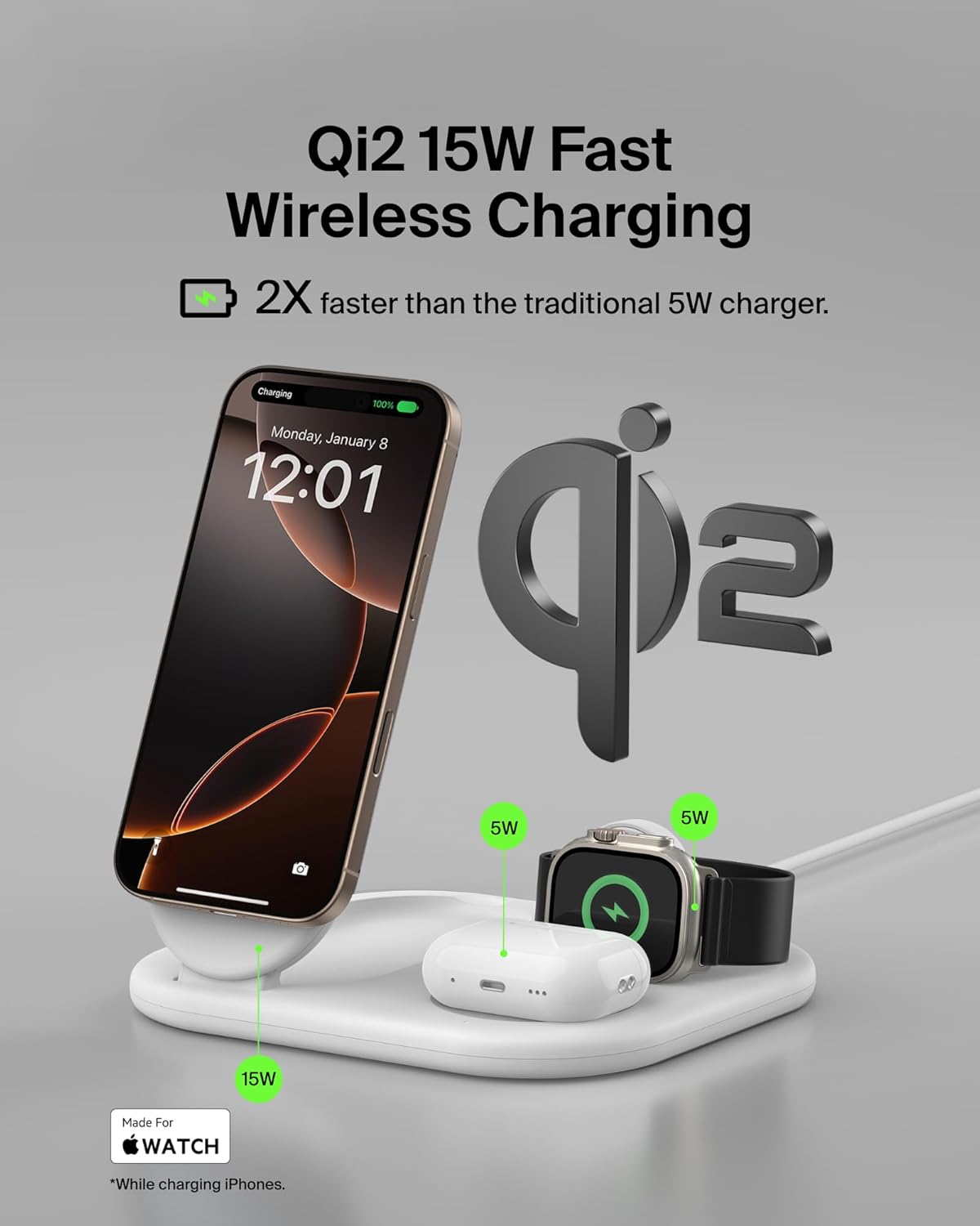 Belkin BOOST CHARGE Station de charge sans fil Qi2 3-en-1 15 W blanc