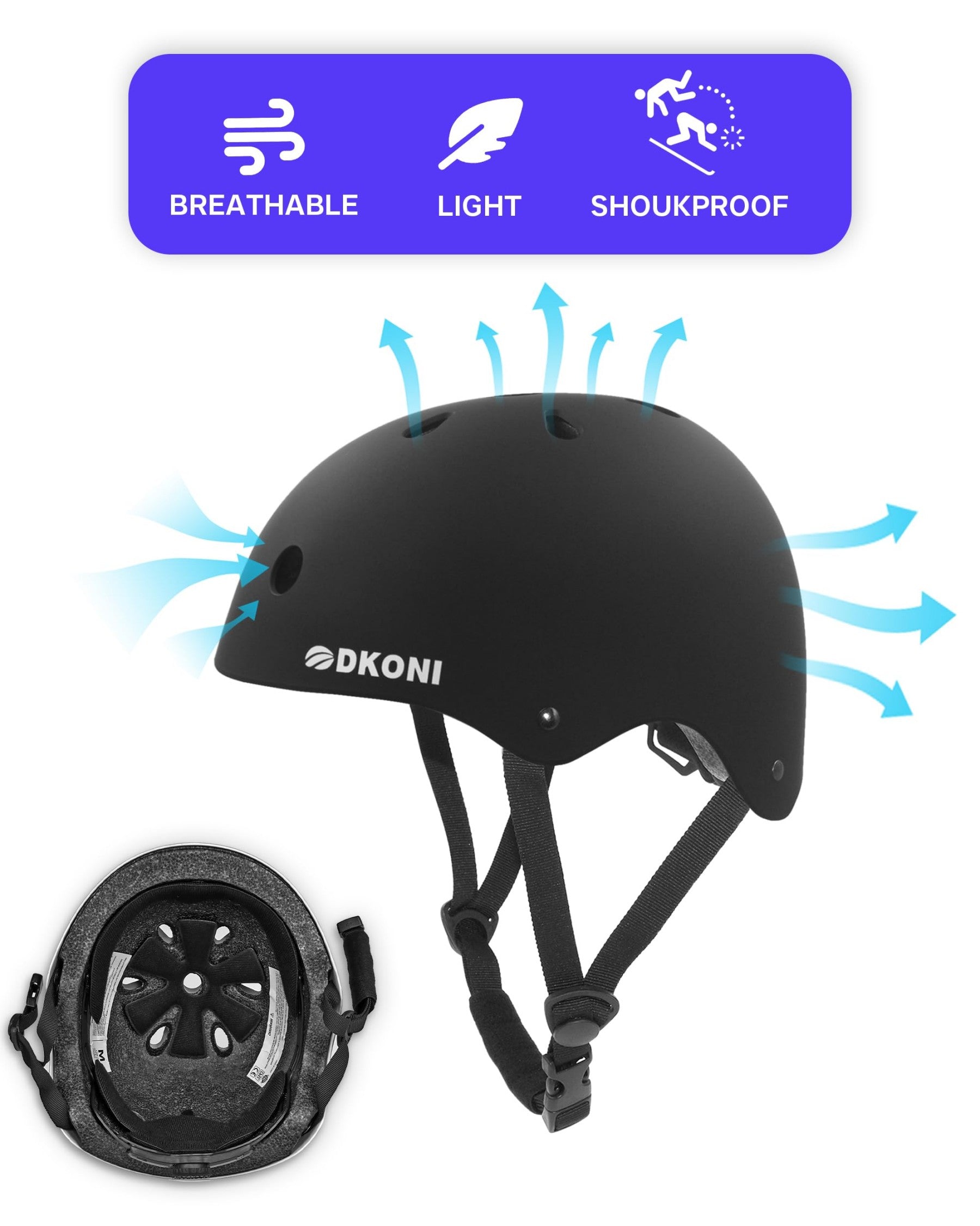 DKONI HS-001 Casque de vélo réglable pour enfants, multi-sports - Noir - S - 48-52 cm