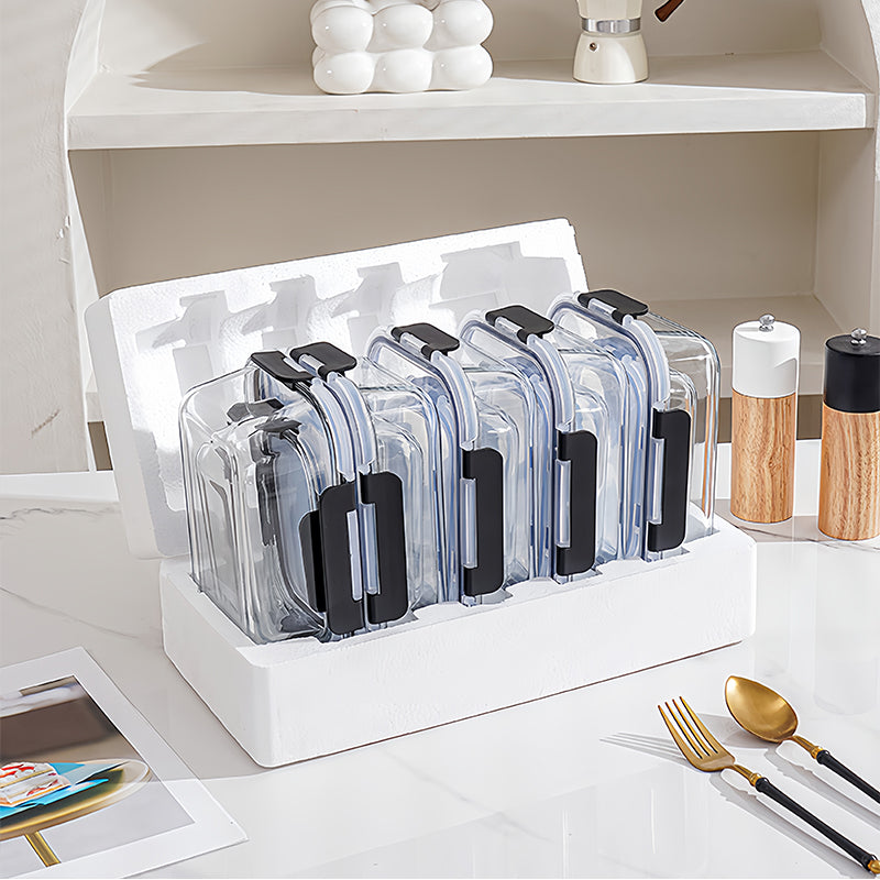 JORDAN&JUDY Lot de 10 contenants alimentaires noirs à fermeture à clip, Verre à haute teneur en borosilicate (1040 ml x 5 + 370 ml x 5), Couvercles hermétiques, Lot de boîtes repas de bureau