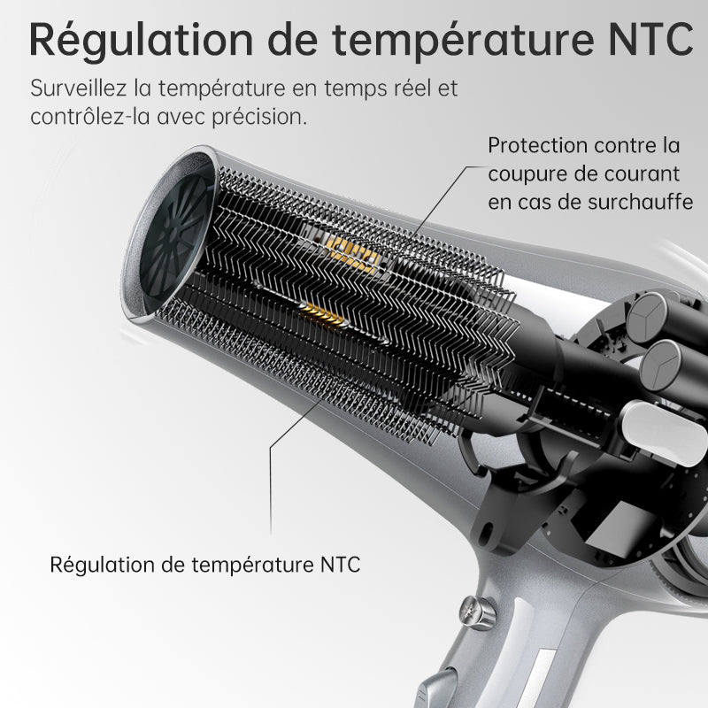 CONFU 8955 Sèche-cheveux haute vitesse 21 000 tr/min, réglage du mode à 7 vitesses, puissance 2 300 W - Argent