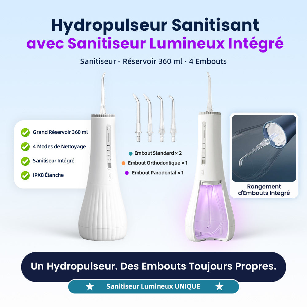BAIR CARE M11 Hydropulseur dentaire avec assainissement UV (99,9 % d’élimination des bactéries), Très grand réservoir 360 ml, Rangement des buses, Rechargeable USB-C