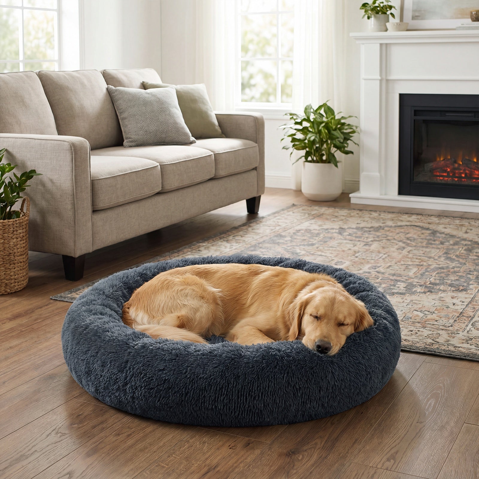 JOYFURNOS Panier donut apaisant moelleux pour chien avec housse amovible lavable Gris foncé