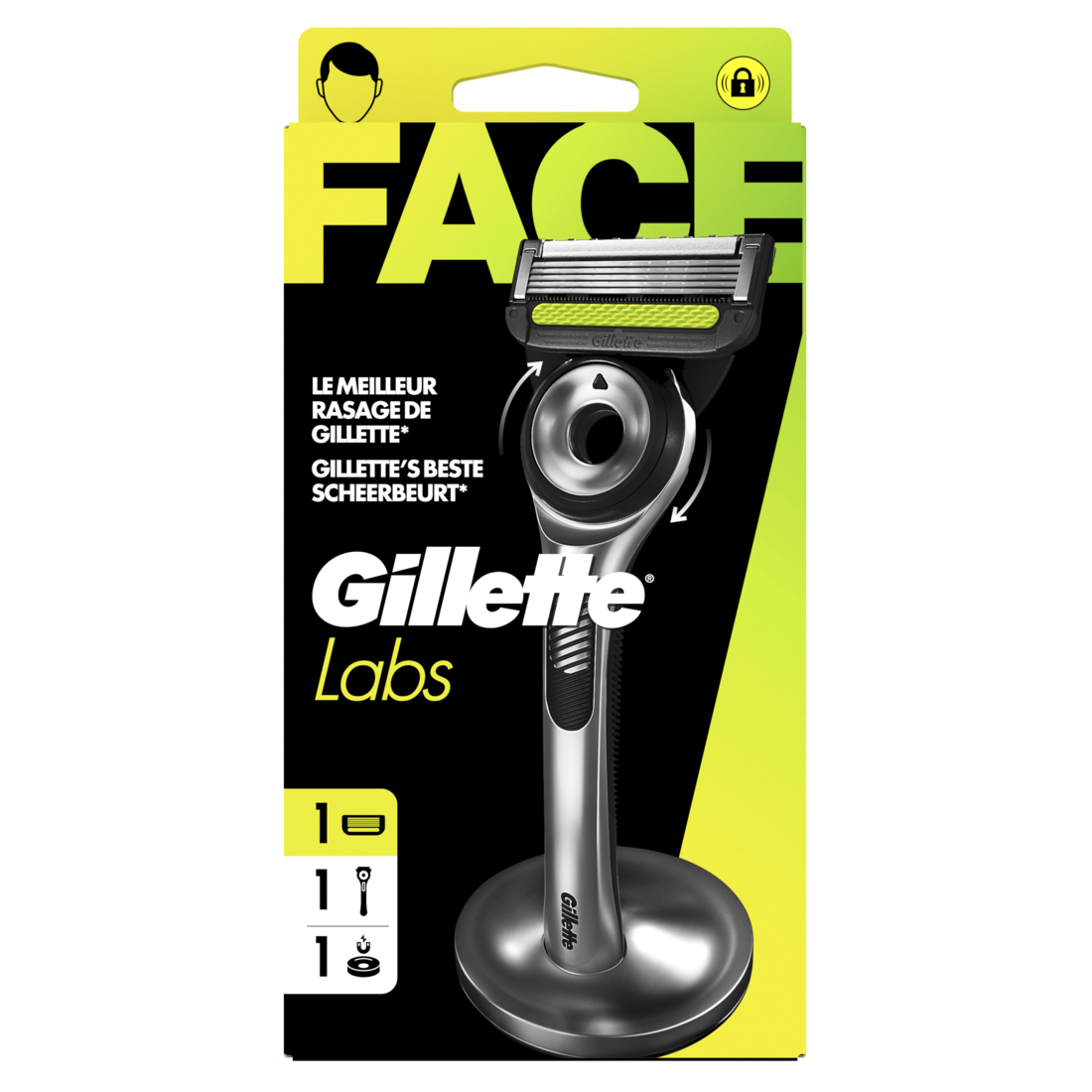 Gillette Labs Rasoir Homme, avec 1 Recharge, Noir | Manche Réutilisable en Métal, Cartouche de Rechange à Lames Affutées, Tête Flexible, Rasage Efficace, Socle Magnétique