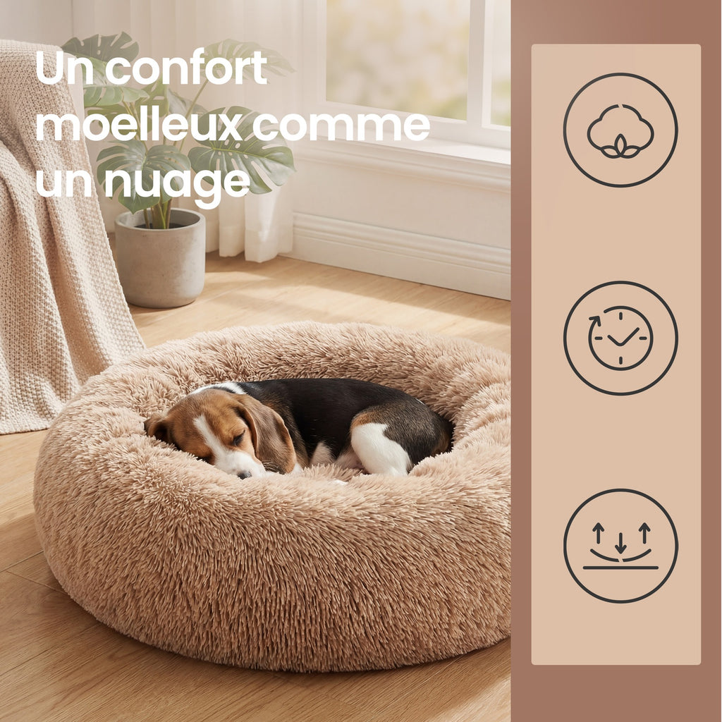 JOYFURNOS Lit pour cage de chien en peluche apaisant en forme de donut avec housse amovible et lavable en machine, camel, 70 x 20 cm