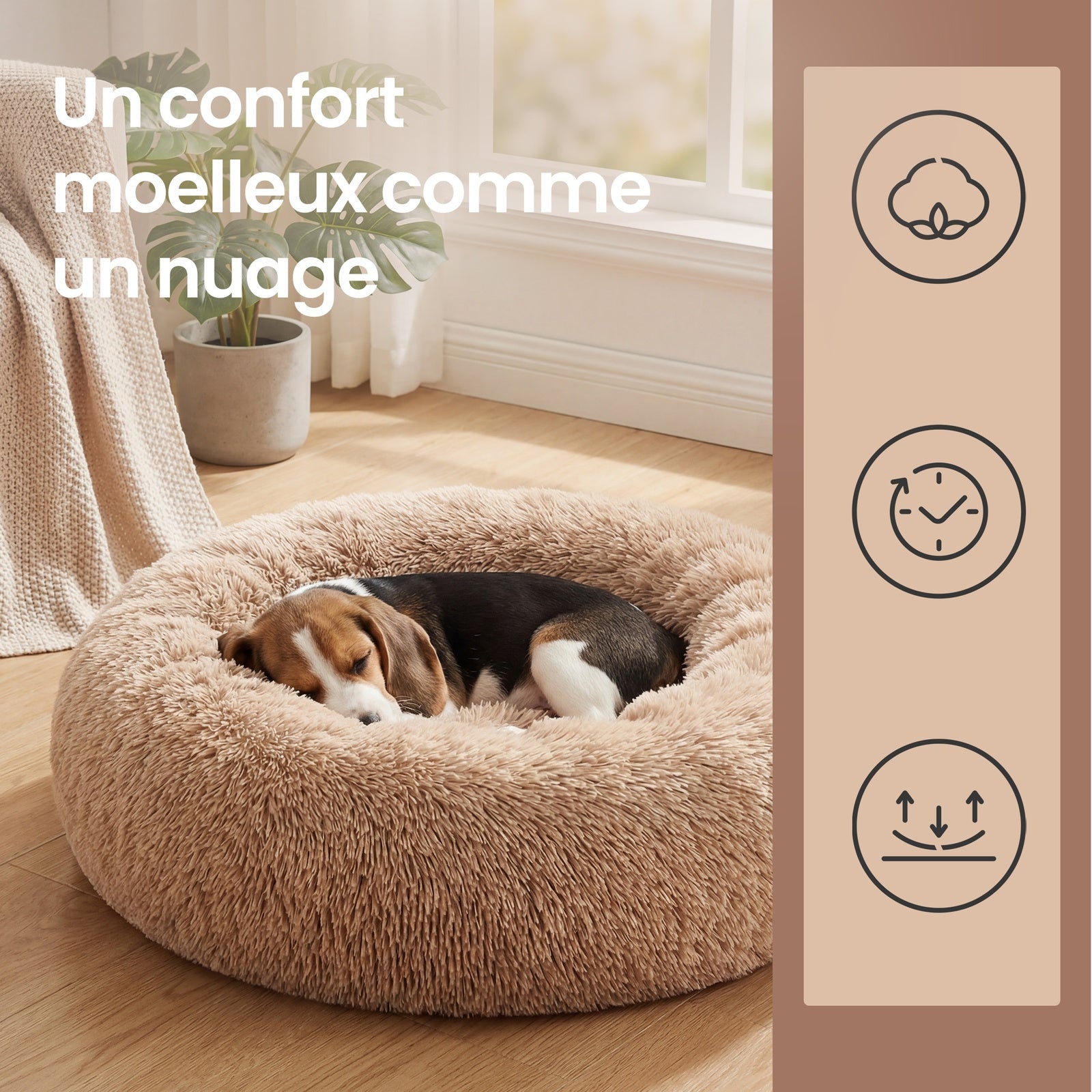 JOYFURNOS Lit pour cage de chien en peluche apaisant en forme de donut avec housse amovible et lavable en machine, camel, 70 x 20 cm