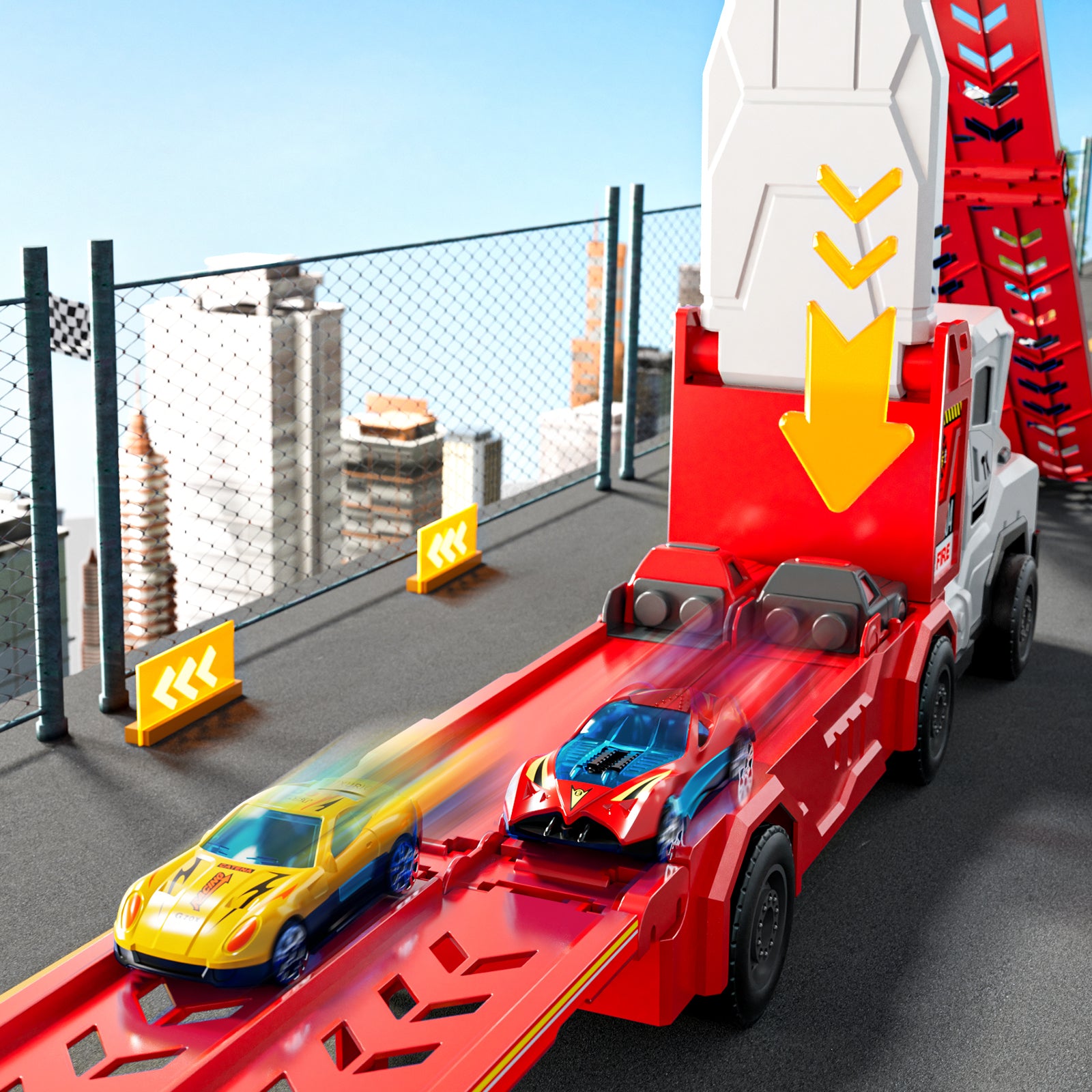 Jouet camion de transport TEMI avec 12 voitures en métal moulé sous pression, support de circuit de course pliable pour enfants