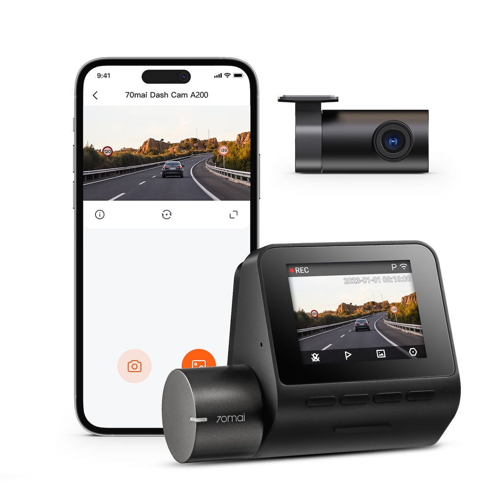 Dashcam 70mai A200-1, Double Caméra 1080P HDR Avant et Arrière, Enregistrement Fluide 60 FPS (Avant), 70mai Night Owl Vision, FOV 130°, Écran IPS 2'', Contrôle via App WiFi