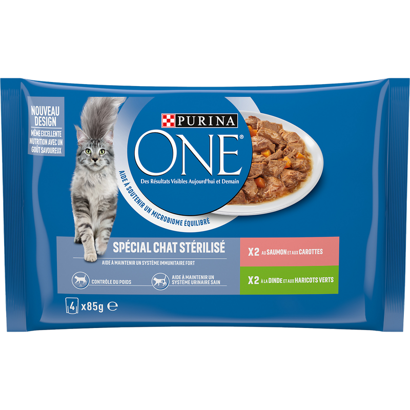 Purina Aliment humide pour chat au saumon, à la dinde et aux carottes, 4 sachets x 85 g