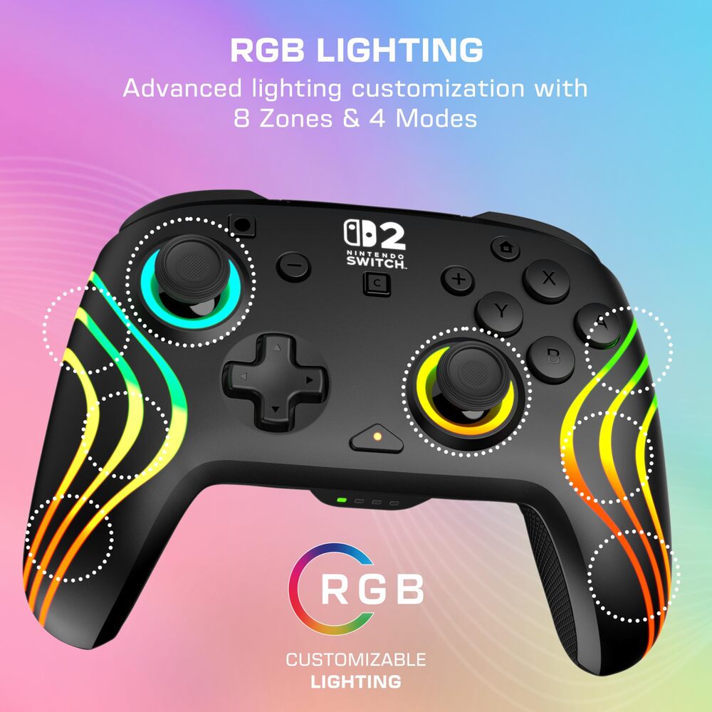 Turtle Beach Afterglow Wave Manette Sans Fil RGB - Joysticks TMR, Batterie 20h, Bouton C pour GameChat, 2 Boutons Programmables - Nintendo Switch 2 & Switch - Noir